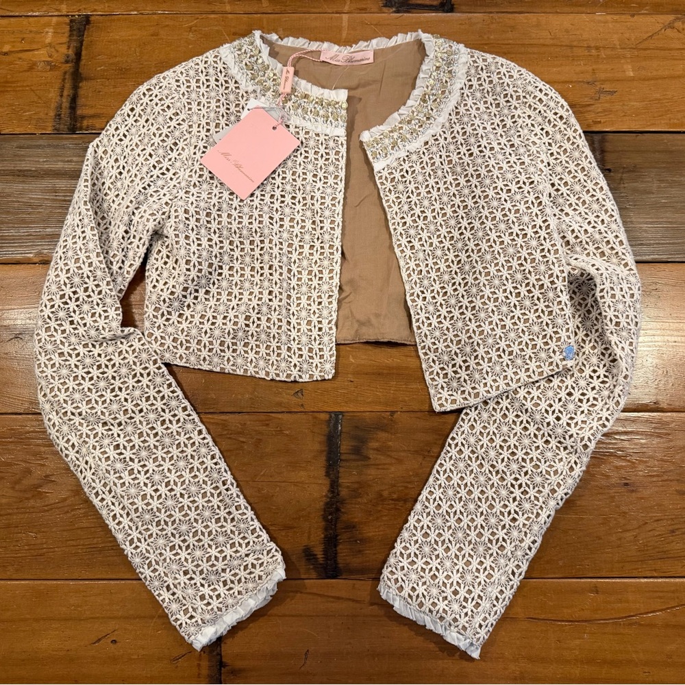 NWT Miss Blumarine Cropped Suede Embroidered Lace Jacket Size XS